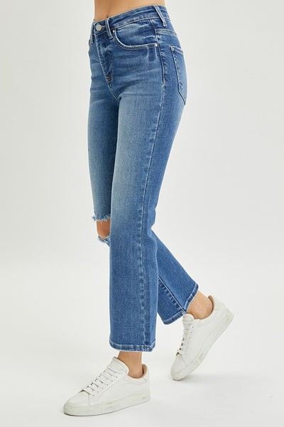 darcy high-rise distressed ankle flare jeans | medium wash