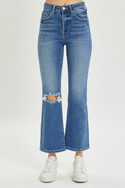 darcy high-rise distressed ankle flare jeans | medium wash
