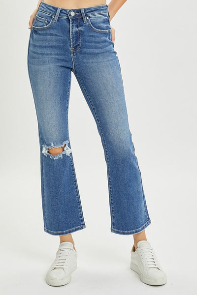 darcy high-rise distressed ankle flare jeans | medium wash