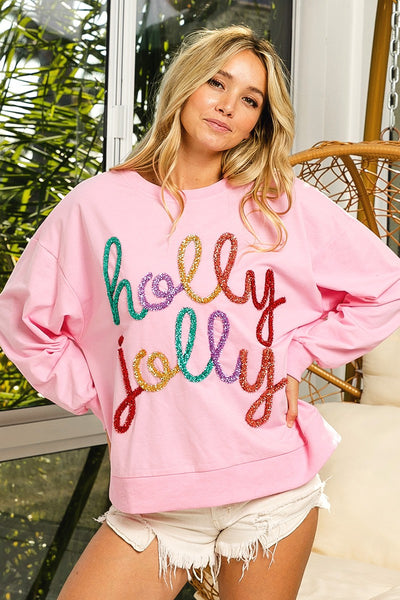 holly jolly tinsel terry pullover | pink