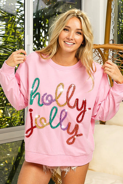 holly jolly tinsel terry pullover | pink