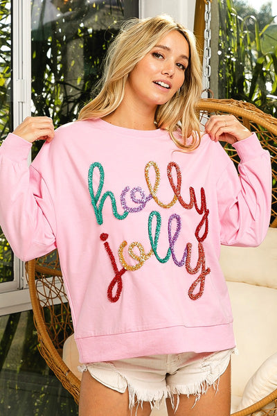 holly jolly tinsel terry pullover | pink