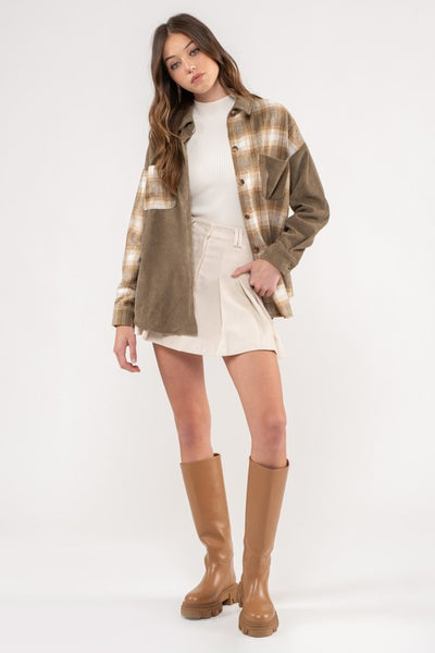 good times roll corduroy shacket | olive plaid