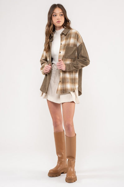 good times roll corduroy shacket | olive plaid