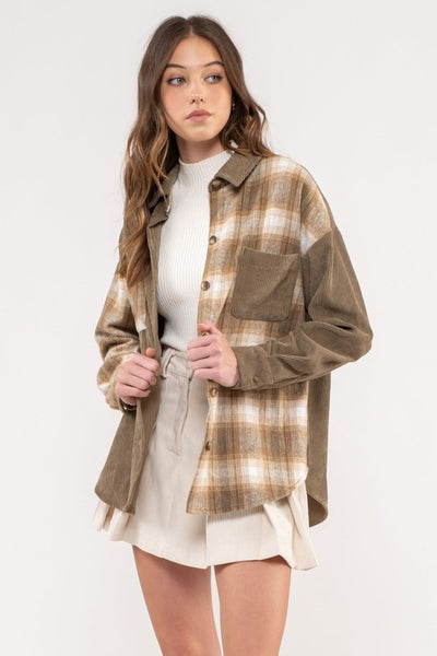 good times roll corduroy shacket | olive plaid