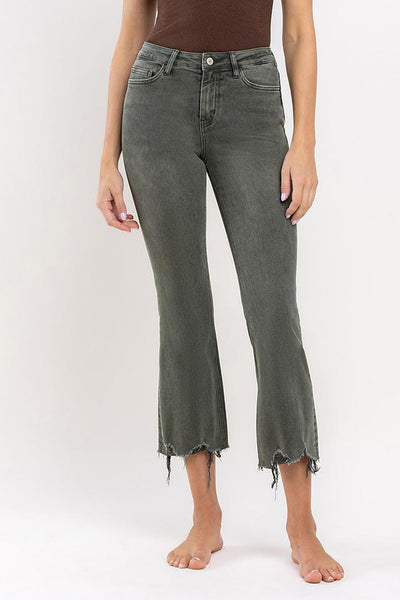 bella high-rise distressed hem crop flare | deep forest