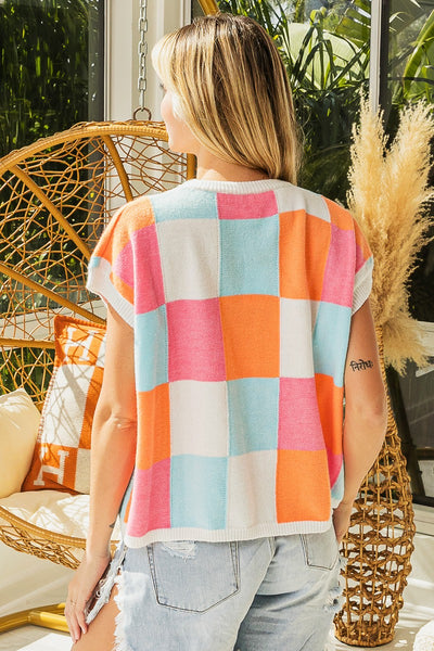 hello lovely checkered sweater vest | orange + pink + denim