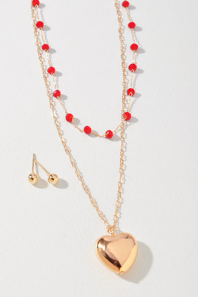 beaded heart pendant necklace set | gold