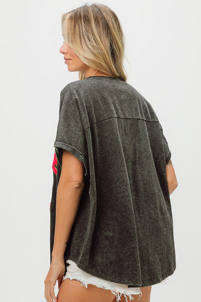 strike out sequin baseball patch letter tee | charcoal + red