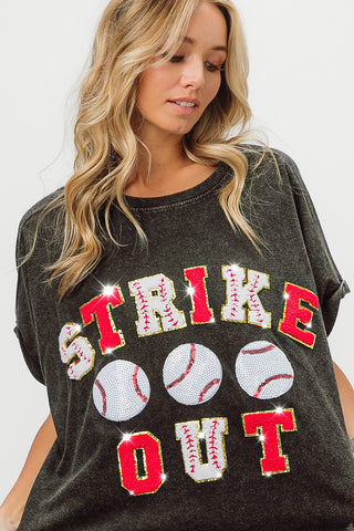 strike out sequin baseball patch letter tee | charcoal + red