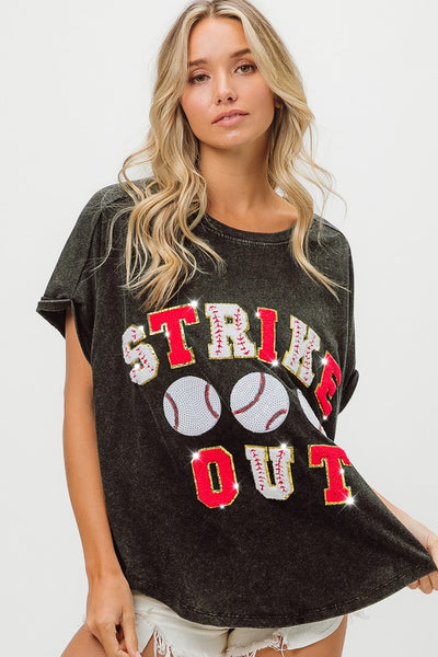 strike out sequin baseball patch letter tee | charcoal + red