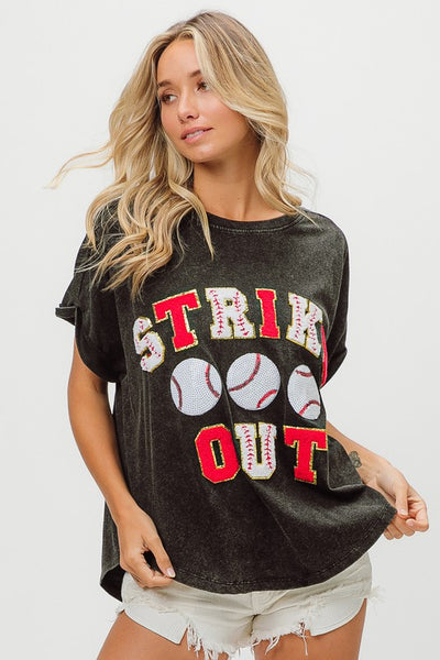 strike out sequin baseball patch letter tee | charcoal + red