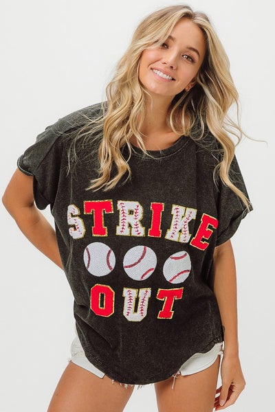 strike out sequin baseball patch letter tee | charcoal + red