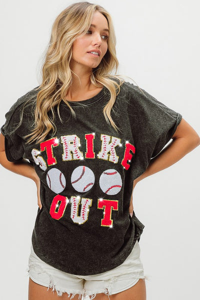 strike out sequin baseball patch letter tee | charcoal + red