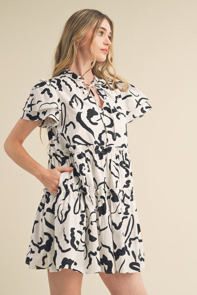 urban sophistication ruffle sleeve mini dress | black + white