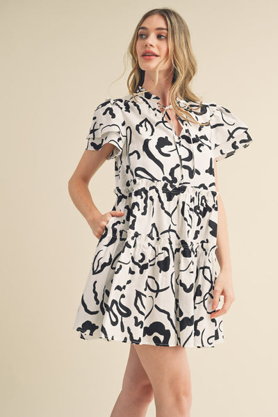 urban sophistication ruffle sleeve mini dress | black + white
