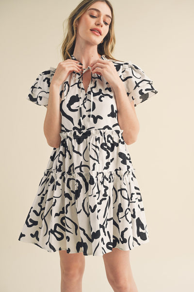 urban sophistication ruffle sleeve mini dress | black + white