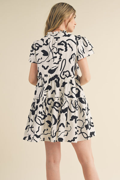 urban sophistication ruffle sleeve mini dress | black + white
