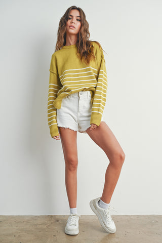 happier than ever striped knit sweater | mustard + ivory
