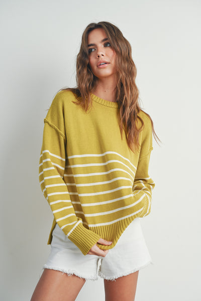 happier than ever striped knit sweater | mustard + ivory