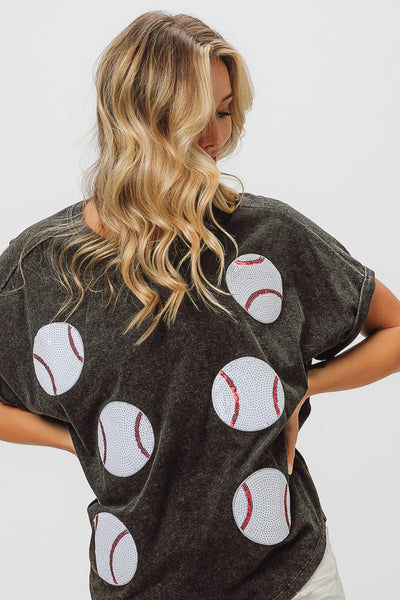 play ball sequin baseball patch top | charcoal