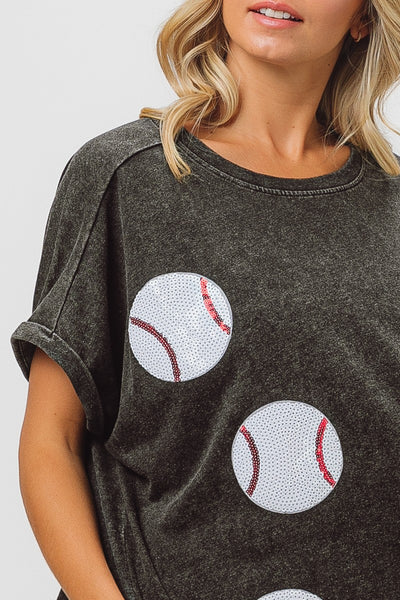 play ball sequin baseball patch top | charcoal