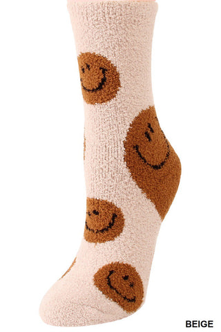 all over smiley fuzzy socks | beige