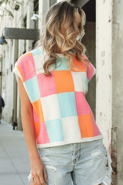 hello lovely checkered sweater vest | orange + pink + denim