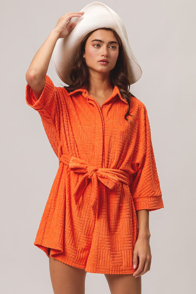 high tide terry cloth textured romper | orange