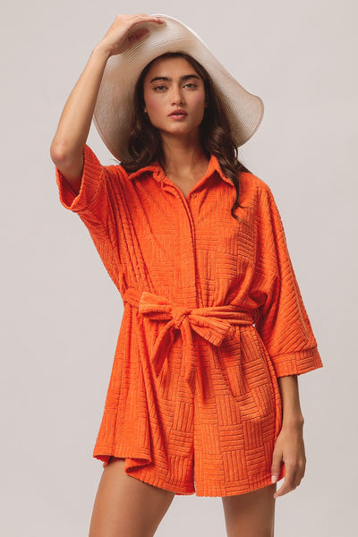 high tide terry cloth textured romper | orange