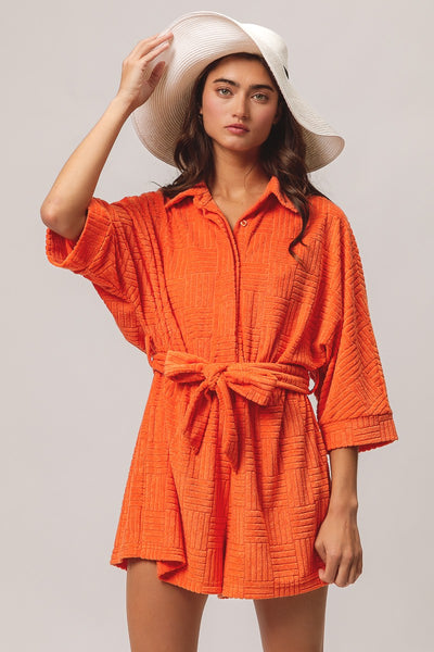 high tide terry cloth textured romper | orange