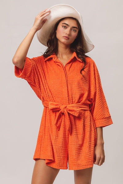 high tide terry cloth textured romper | orange