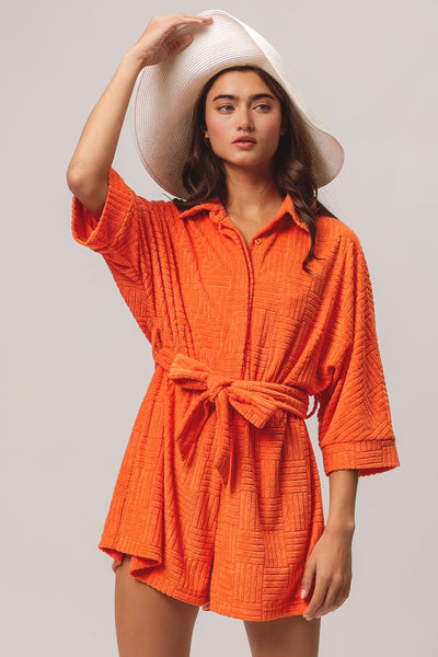 high tide terry cloth textured romper | orange