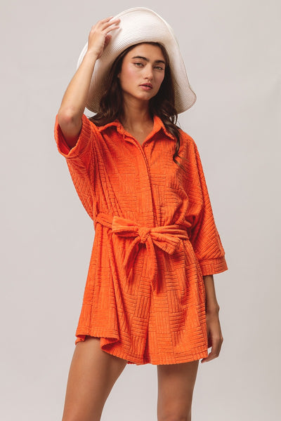 high tide terry cloth textured romper | orange