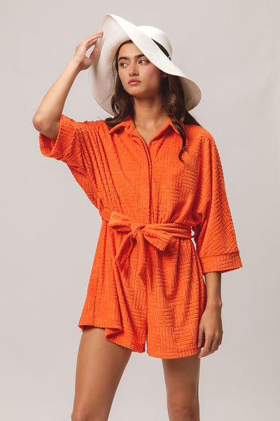 high tide terry cloth textured romper | orange