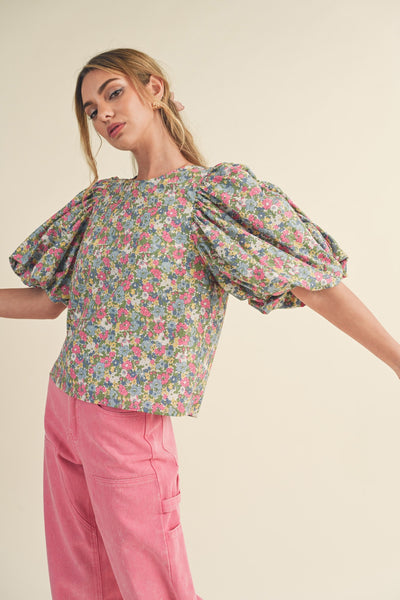 petal power bubble sleeve top | ivory + pink