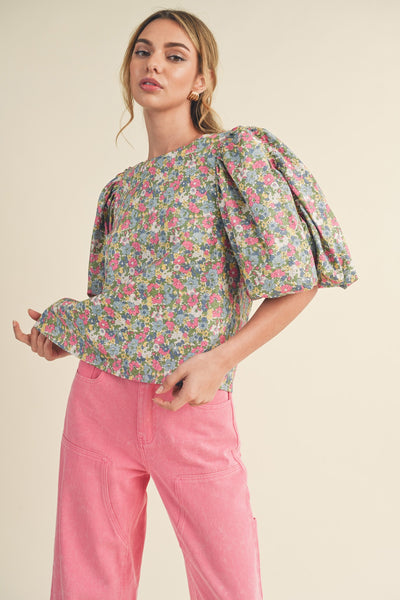 petal power bubble sleeve top | ivory + pink