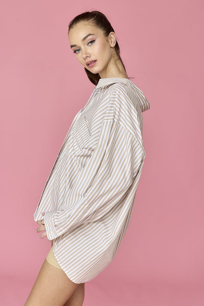 by all means oversized striped button up | taupe