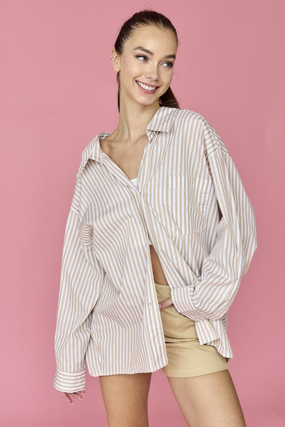 by all means oversized striped button up | taupe