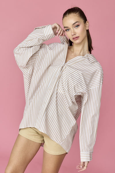 by all means oversized striped button up | taupe
