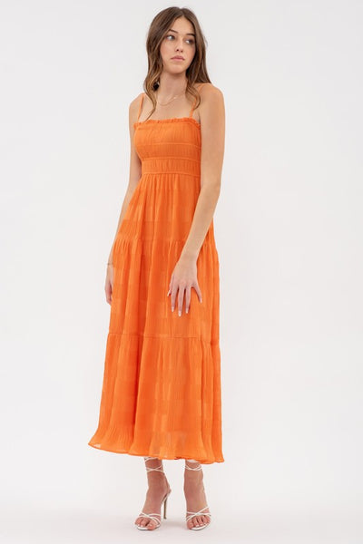 social soiree pleated midi dress | orange