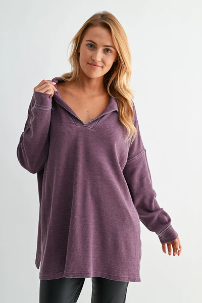 push the limits oversized waffle knit top | dark plum
