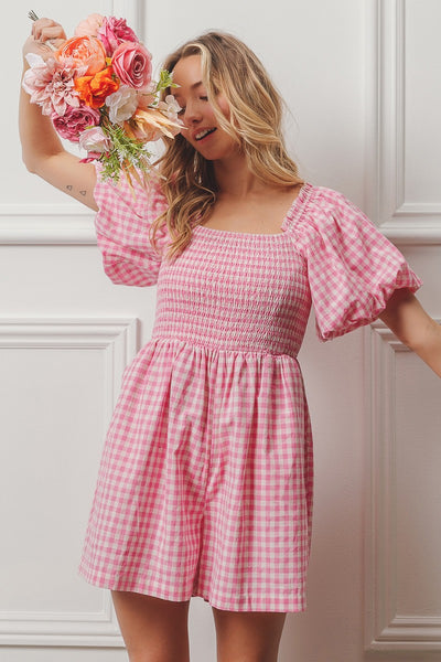 made you blush gingham romper | pink + white