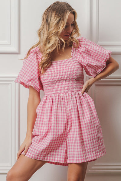 made you blush gingham romper | pink + white