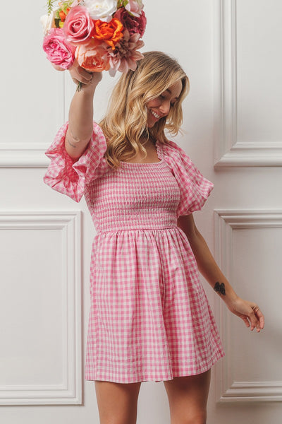 made you blush gingham romper | pink + white