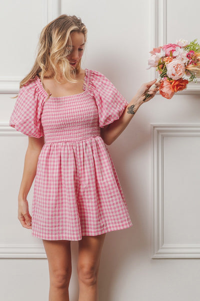 made you blush gingham romper | pink + white