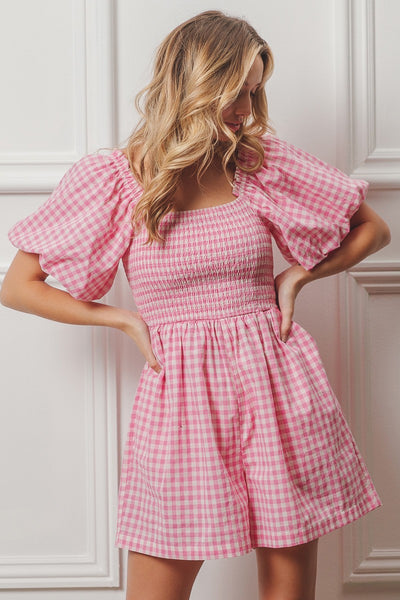 made you blush gingham romper | pink + white