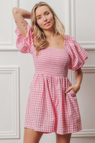 made you blush gingham romper | pink + white