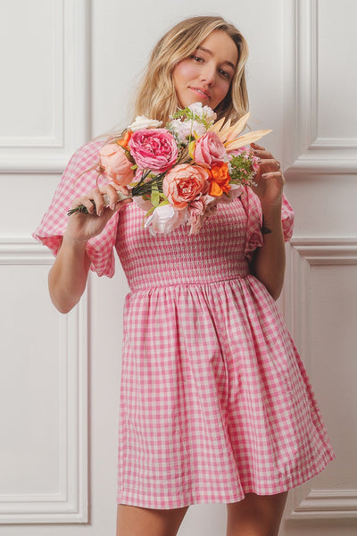 made you blush gingham romper | pink + white