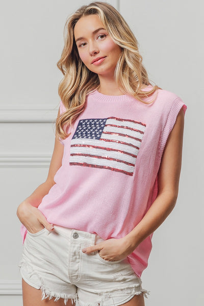 freedom forever american flag sequin patch top | pink